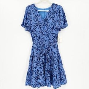 Eliza J Size 4 Dress Blue Print Faux Wrap Tiered Flutter Sleeve V Neck